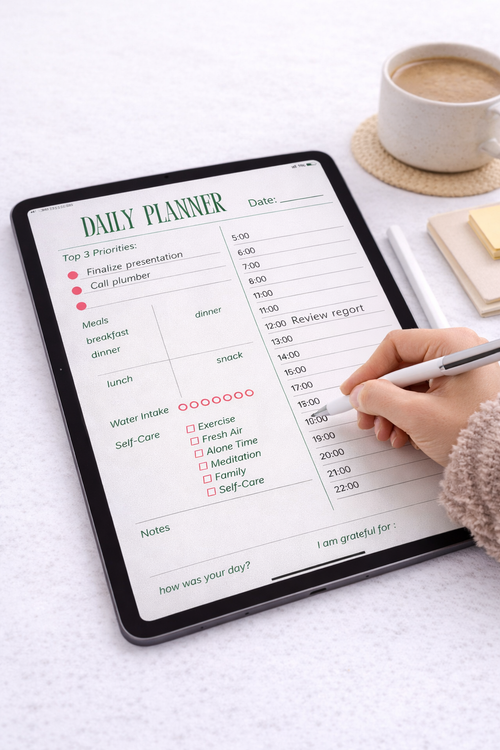 Daily Planner Printable – Minimal Hourly Schedule, Self-Care & Habit Tracker (Instant Download)