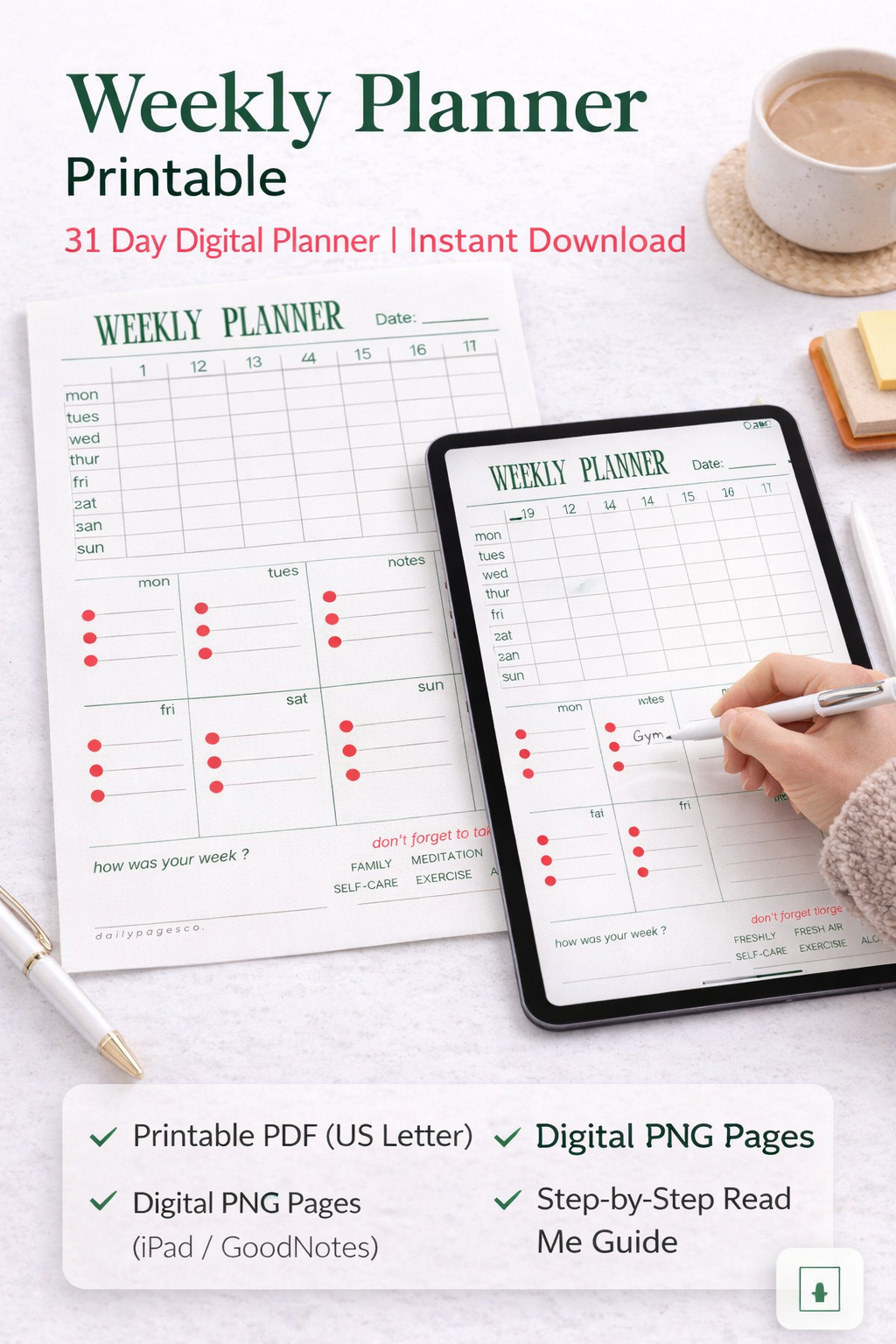 Weekly Planner Printable – 31 Day Minimal Digital Planner for iPad & Print (Instant Download)